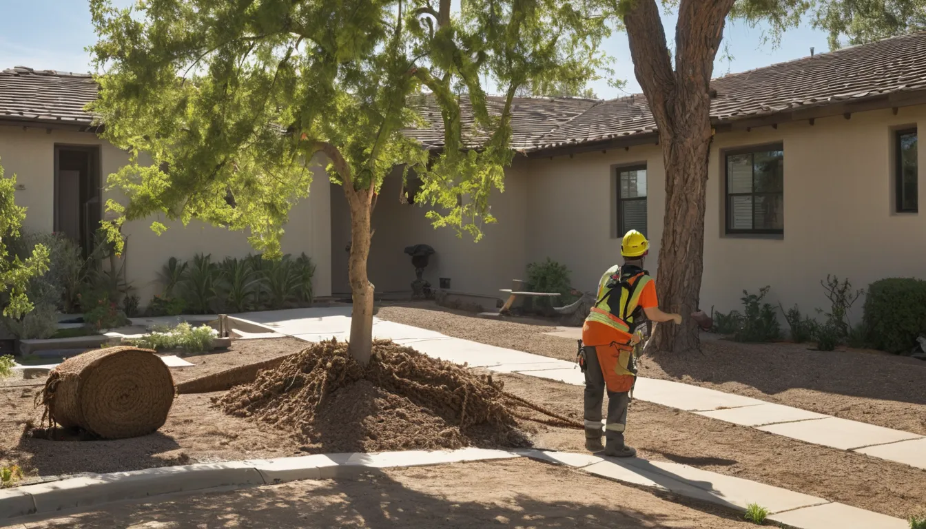 Tree removal provider cutting a large backyard tree in a Placerville neighborhood with a stucco ranch home nearby